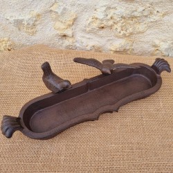 Oval Cast Iron Bird Bath in Brown with Black Patina, Featuring a 2-Bird Motif