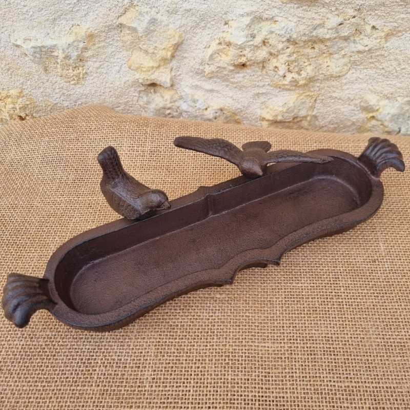 Oval Cast Iron Bird Bath in Brown with Black Patina, Featuring a 2-Bird Motif