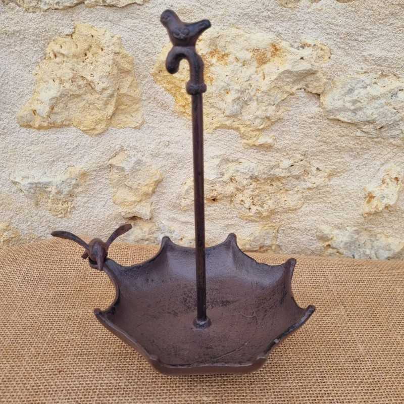 Bird Bath and Cast Iron Umbrella-Shaped Feeder for Tabletop Display