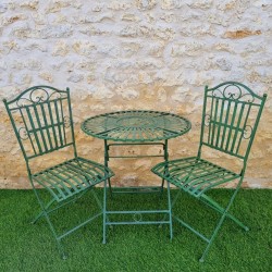 Two-seater black and patina-green iron bistro garden set