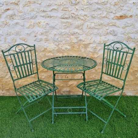 Two-seater black and patina-green iron bistro garden set