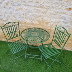 Two-seater black and patina-green iron bistro garden set