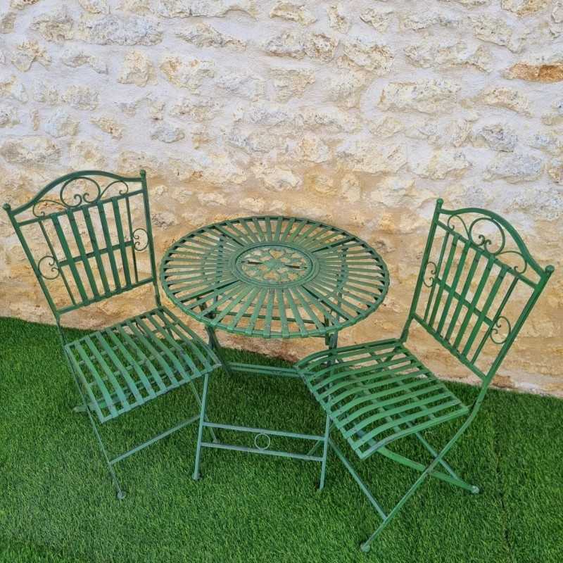 Two-seater black and patina-green iron bistro garden set
