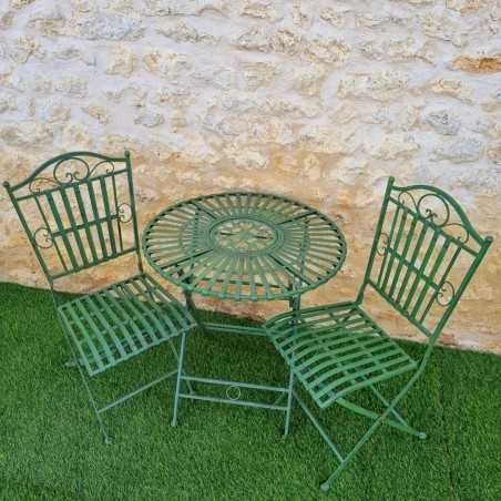 Two-seater black and patina-green iron bistro garden set