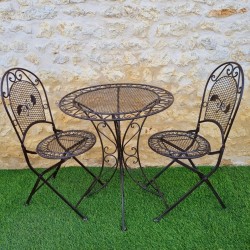 Wrought Iron 2-Seater Bistro Garden Set, Foldable, Patinated Brown – Front View