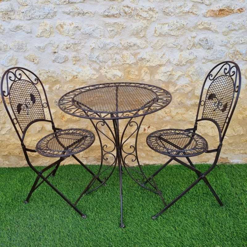 Wrought Iron 2-Seater Bistro Garden Set, Foldable, Patinated Brown – Front View