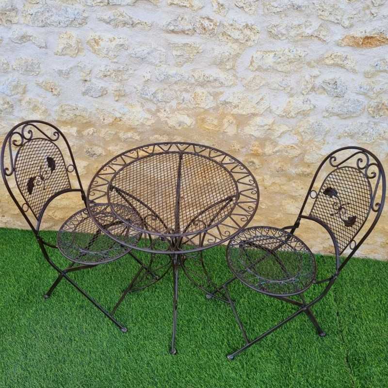 Wrought Iron 2-Seater Bistro Garden Set, Foldable, Patinated Brown – Top View