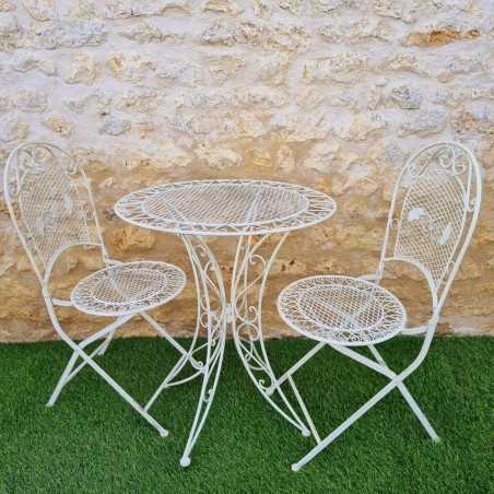 Wrought Iron 2-Seater Bistro Garden Set, Foldable, Patinated White – Front View