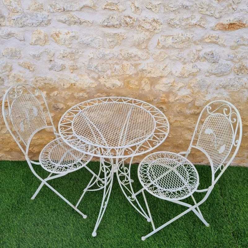 Wrought iron 2-seat garden bistro set, foldable, distressed white, top view
