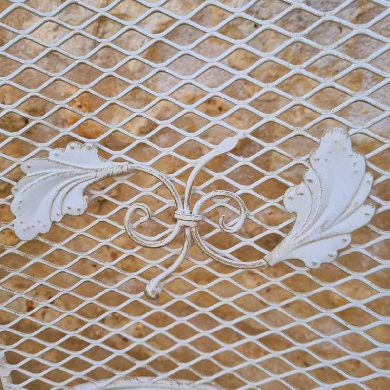 Wrought iron 2-seater garden furniture set, folding bistro style, distressed white, detailed view of the chair