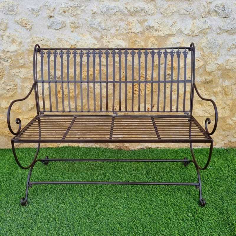 Comfortable Antique Brown Patinated Wrought Iron Garden Bench