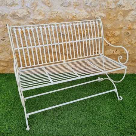 Comfortable Antique White Patinated Wrought Iron Garden Bench