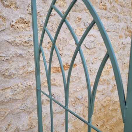 Comfortable antique green patinated wrought-iron garden arch bench