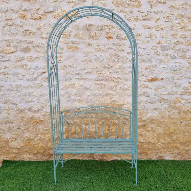 Comfortable antique green patinated wrought-iron garden arch bench