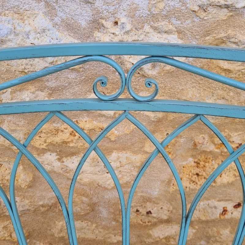 Comfortable antique green patinated wrought-iron garden arch bench