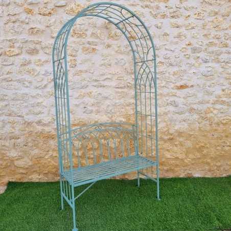Comfortable antique green patinated wrought-iron garden arch bench
