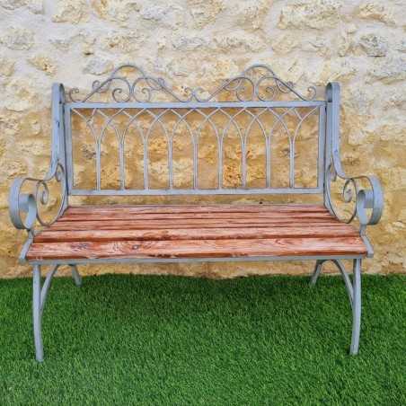 Comfortable antique gray weathered wrought-iron and wood garden bench