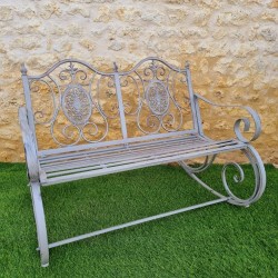 Rocking Chair, Two-Seater Rocking Bench in Iron and Patinated Cast Iron with Aged Grey Finish