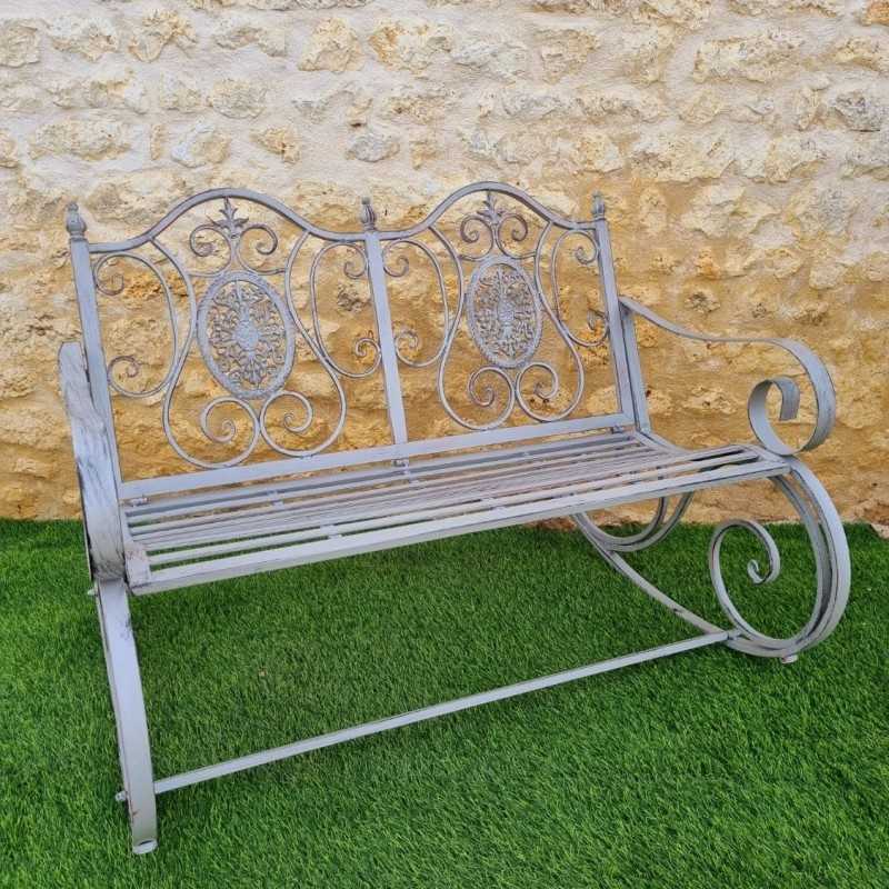 Rocking Chair, Two-Seater Rocking Bench in Iron and Patinated Cast Iron with Aged Grey Finish
