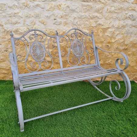 Rocking chair, two-seater rocking bench made of iron and cast iron with a weathered gray patina