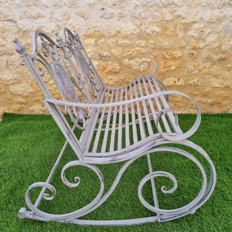 Rocking Chair, Two-Seater Rocking Bench in Iron and Patinated Cast Iron with Aged Grey Finish