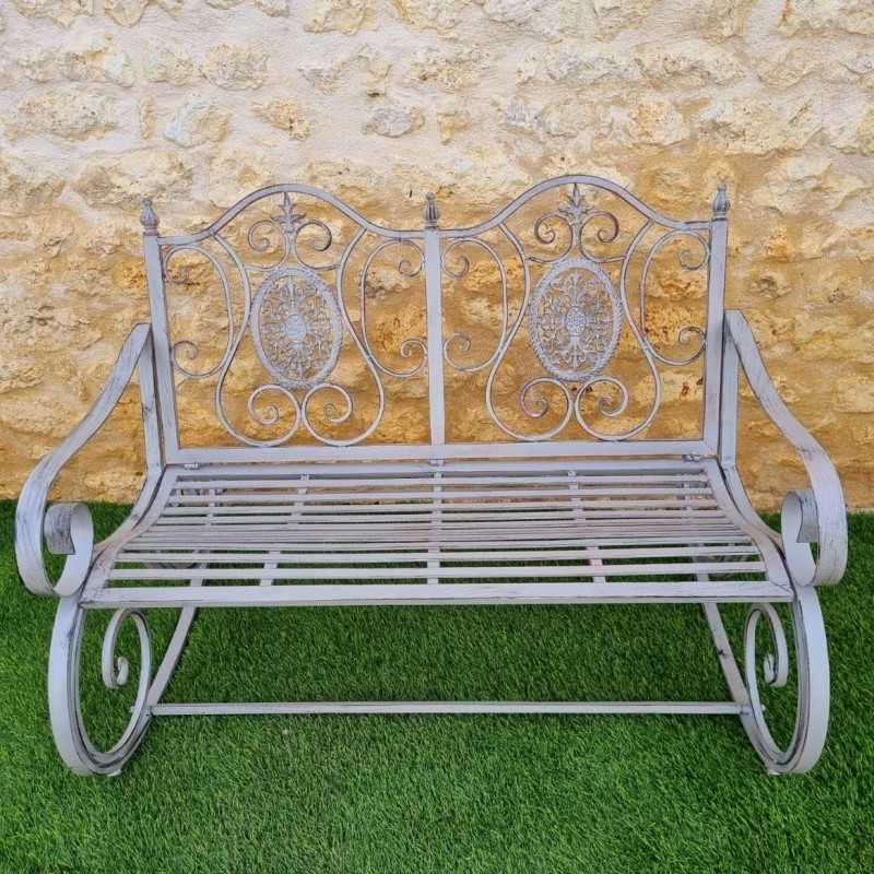 Rocking chair, two-seater rocking bench made of iron and cast iron with a weathered gray patina