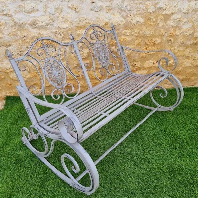 Rocking Chair, Two-Seater Rocking Bench in Iron and Patinated Cast Iron with Aged Grey Finish