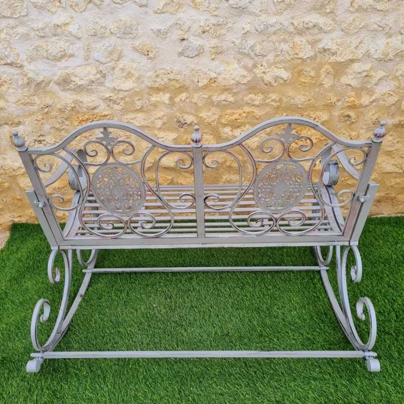 Rocking chair, two-seater rocking bench made of iron and cast iron with a weathered gray patina