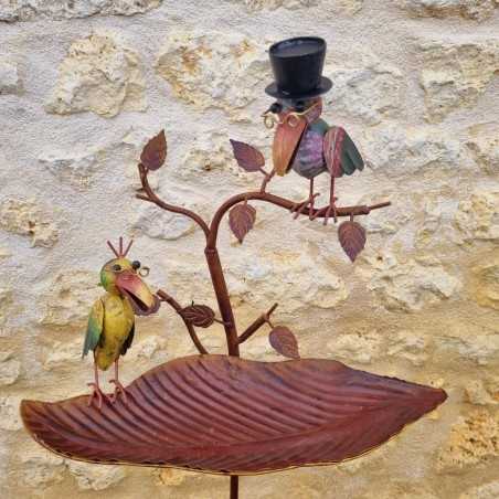 Bird Bath on Iron Stake with Colorful Birds, Feeder H127 cm