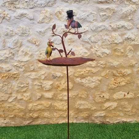 Bird Bath on Iron Stake with Colorful Birds, Feeder H127 cm