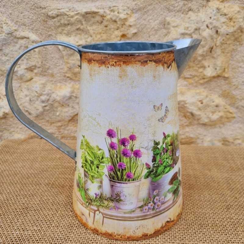 Decorative Vintage-Style Pitcher with Floral and Pot Motifs