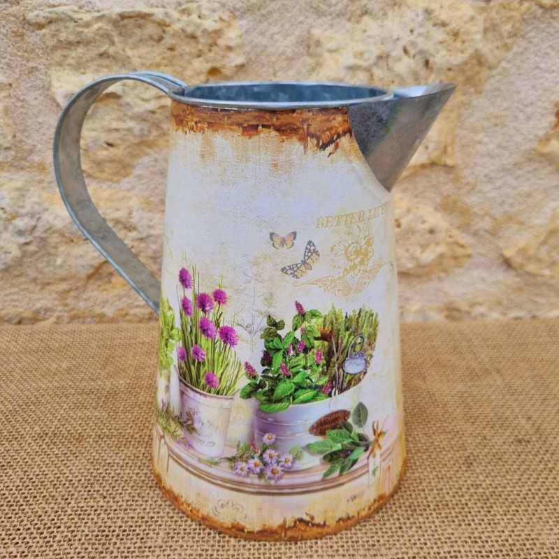 Decorative Vintage-Style Pitcher with Floral and Pot Motifs