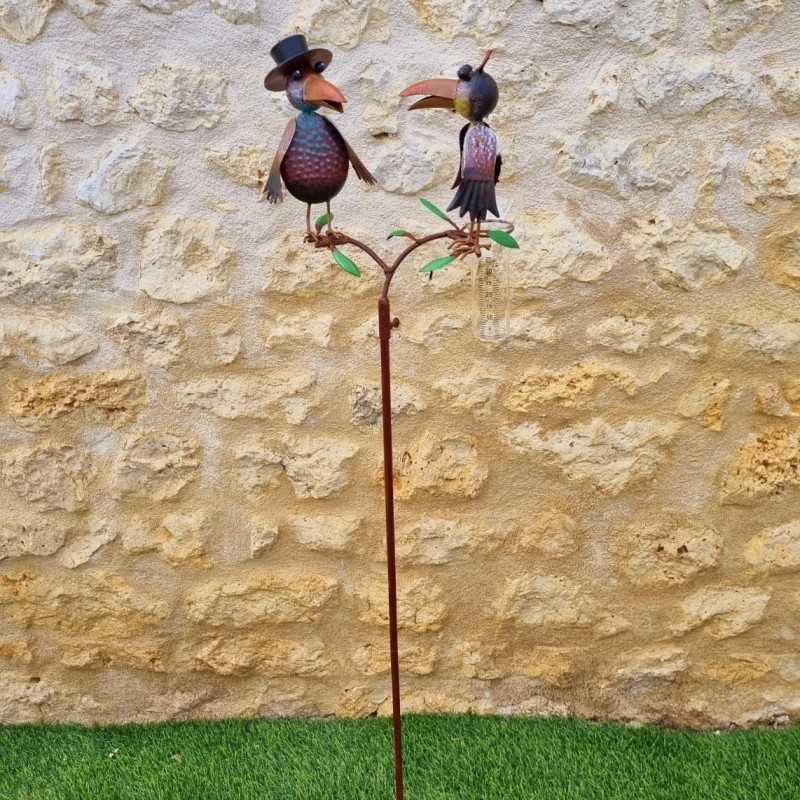 Decorative rain gauge with colourful crows, 127 cm, graduated glass funnel, metal garden décor €39.90 LEZARD DU JARDIN