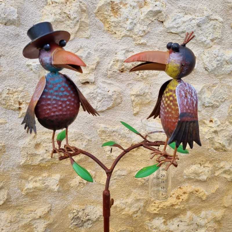 Decorative rain gauge with colourful crows, 127 cm, graduated glass funnel, metal garden décor €39.90 LEZARD DU JARDIN