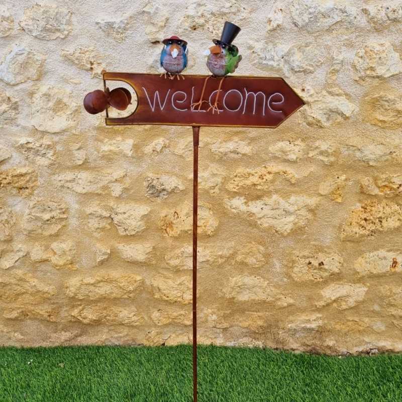 Stake, decorative garden support welcoming crows with colorful hats