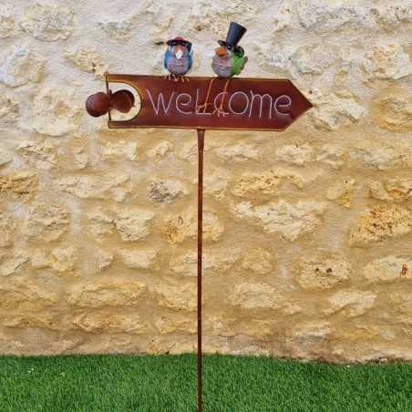Stake, decorative garden support welcoming crows with colorful hats