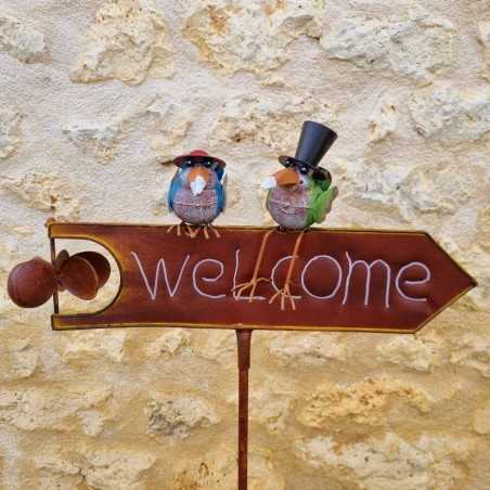 Stake, decorative garden support welcoming crows with colorful hats