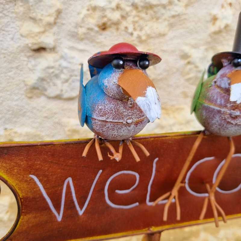 Stake, decorative garden support welcoming crows with colorful hats