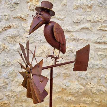 Pic, éolienne de jardin en fer motif corbeau aspect rouille 55,90 € LEZARD DU JARDIN