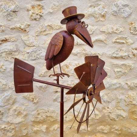 Pic, éolienne de jardin en fer motif corbeau aspect rouille 55,90 € LEZARD DU JARDIN