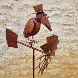 Pic, éolienne de jardin en fer motif corbeau aspect rouille 55,90 € LEZARD DU JARDIN
