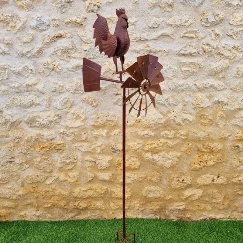 Pic, éolienne de jardin en fer motif coq aspect rouille 54,90 € LEZARD DU JARDIN
