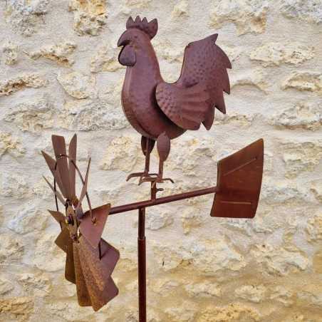 Pic, éolienne de jardin en fer motif coq aspect rouille 54,90 € LEZARD DU JARDIN