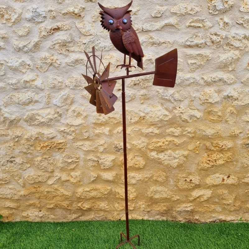 Pic, éolienne de jardin en fer motif chouette aspect rouille 54,90 € LEZARD DU JARDIN