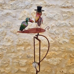 Garden Mobile Balancer on Spike Featuring Two Crows on a Leaf Motif in Iron and Glass 15x30x158cm
