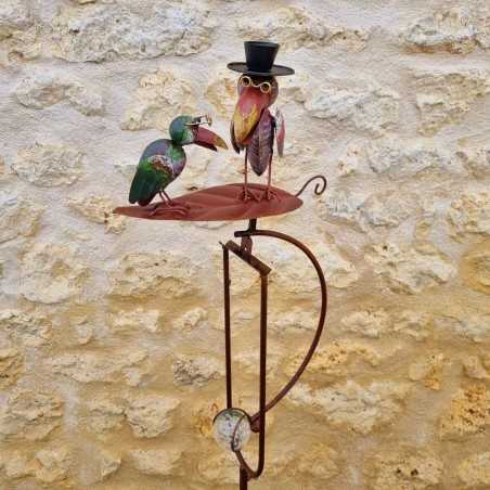Garden Mobile Balancer on Spike Featuring Two Crows on a Leaf Motif in Iron and Glass 15x30x158cm