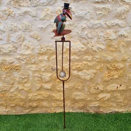 Garden Mobile Balancer on Spike Featuring Two Crows on a Leaf Motif in Iron and Glass 15x30x158cm