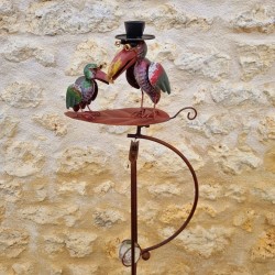 Garden Mobile Balancer on Spike Featuring Two Crows on a Leaf Motif in Iron and Glass 15x30x158cm