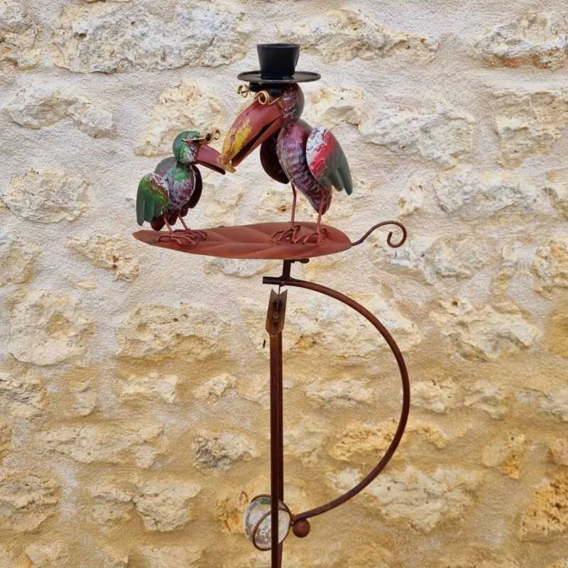 Garden Mobile Balancer on Spike Featuring Two Crows on a Leaf Motif in Iron and Glass 15x30x158cm
