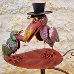 Garden Mobile Balancer on Spike Featuring Two Crows on a Leaf Motif in Iron and Glass 15x30x158cm